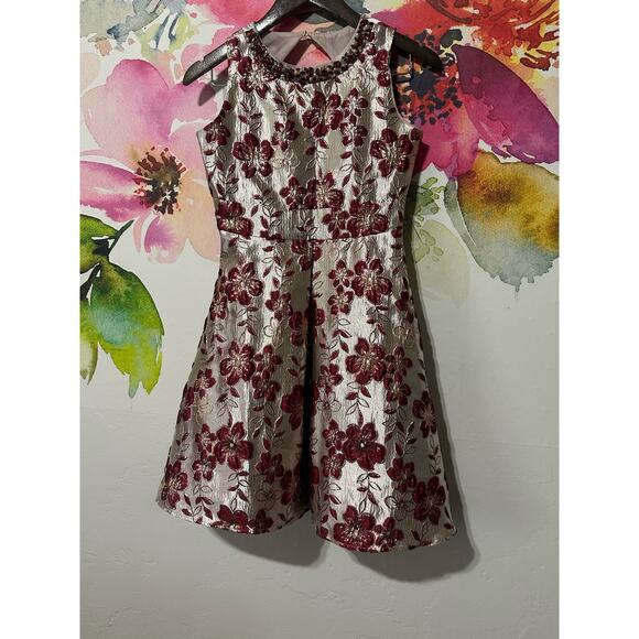Rare Edition Kids Girls Dress Sparkling Red Floral Gold Embroidered Stones Sz 16 - Picture 1 of 6